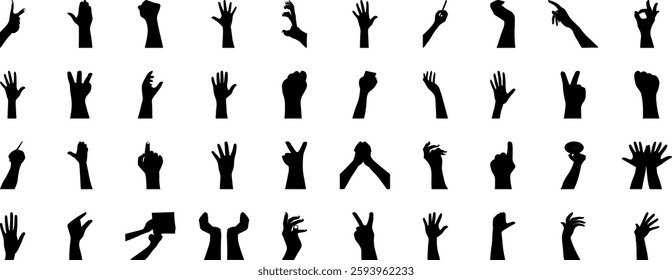 Hand vector silhouette, detailed hand gestures, positions, signs. Ideal arm, hands for illustrations, logos, icons. High quality graphics showcasing human interaction, expression
