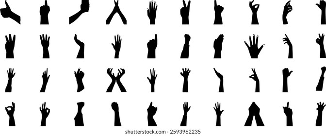 Hand vector silhouette, detailed hand gestures, positions, signs. Ideal arm, hands for illustrations, logos, icons. High quality graphics showcasing human interaction, expression