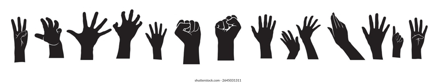 Hand Vektor Silhouette, detaillierte Handgesten, Positionen, Zeichen. Idealer Arm, Hände für Illustrationen, Logos, Symbole. Hochwertige Grafiken, die menschliche Interaktion, Ausdruck zeigen
