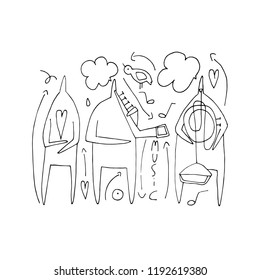 Hand vector stick figure illustration. Speech. Music band. Heart. (Can be used as texture for cards, invitations, DIY projects, web sites or for any other design.)