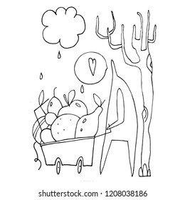 Hand vector stick figure illustration. Man carries a cart of fruit. Heart. Gardening. Harvest (Can be used as texture for cards, invitations, DIY projects, web sites or for any other design)