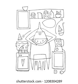 Hand vector stick figure illustration. People. Kitchen interior. Man. Speech. Heart. Watermelon.