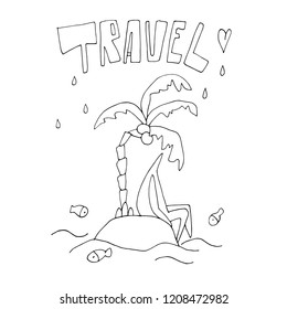 Hand vector stick figure illustration. Palm. Man on a desert island. Fish. (Can be used as texture for cards, invitations, DIY projects, web sites or for any other design.)