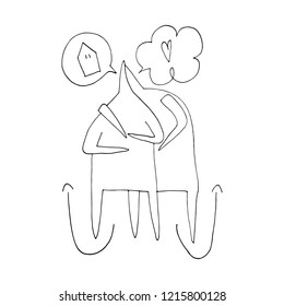 Hand vector stick figure illustration. Character people. Speech. Couple in love hugging. Heart. (Can be used as texture for cards, invitations, DIY projects, web sites or for any other design.)
