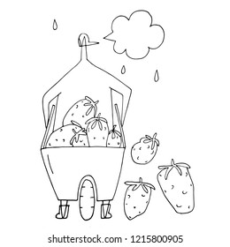 Hand vector stick figure illustration. Man carries a cart of fruit. Heart. Gardening. Harvest (Can be used as texture for cards, invitations, DIY projects, web sites or for any other design)