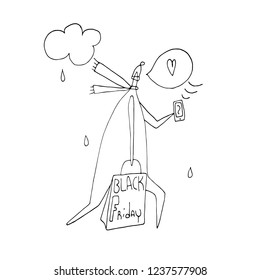Hand vector stick figure illustration. Speech. Man with shopping. Heart. Character people. Black friday. (Can be used as texture for cards, invitations, DIY projects, web sites)