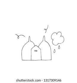 Hand vector stick figure illustration. Character people. Speech. Man with home. Outline buildings. Urban time.