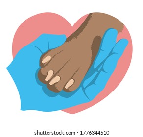 The hand of veterinarian in a medical glove gently holds a dog's paw on the background of a pink heart. Zoologist and animal. Symbol of love for dogs. Animal protecting community. Vector flat design.