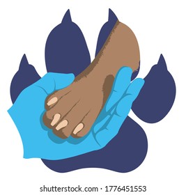 The hand of veterinarian in medical glove gently holds a dog's paw on the background of the imprint of a dog's paw. Symbol of love for dogs. Zoologist. Animal protecting community. Vector flat design.