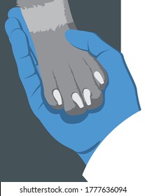 Hand of a veterinarian in medical glove gently holds a dog's paw on a dark greyish blue background. Symbol of love for dogs. Zoologist. Animal protecting community. Vector flat design.