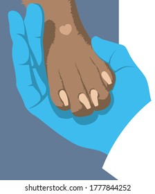 Hand of a veterinarian in medical glove gently holds a dog's paw on a blue background. Symbol of love for dogs. Zoologist. Animal protecting community. Vector flat design.