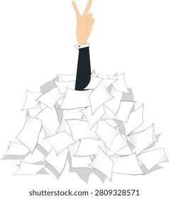 Hand with victory gesture arising from a pile of papers.
File clerk under huge pile of papers showing victory gesture
