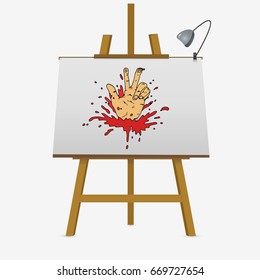 Hand with victory sign in blood splash on easel. Hand drawn vector stock illustration