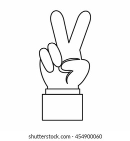 Hand with victory sign icon in outline style isolated vector illustration