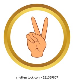 Hand with victory sign vector icon in golden circle, cartoon style isolated on white background