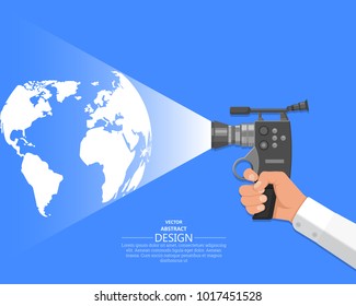 The hand of the video operator holds the video camera. Concept of display of world events. Latest global news. A vector illustration in flat style.