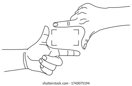 Hand Viewfinder. Two Hands Making Frame Gesture For Searching Photo Or Video Composition. Vector Illustration In Outline Style Isolated On White Background. 