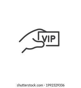 Hand With Vip Ticket Line Icon. Linear Style Sign For Mobile Concept And Web Design. VIP Pass Outline Vector Icon. Symbol, Logo Illustration. Vector Graphics