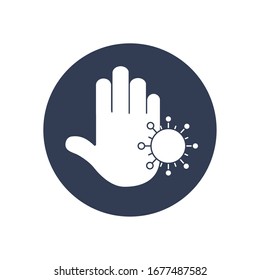 hand and virus symbol icon over white background, block style, vector illustration