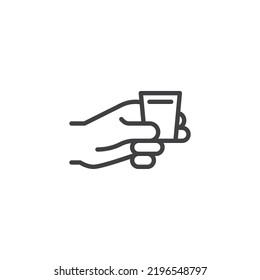 Hand with vodka shot line icon. linear style sign for mobile concept and web design. Hand holding a glass with vodka outline vector icon. Symbol, logo illustration. Vector graphics