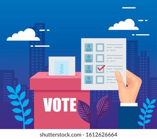 hand with vote form and ballot box vector illustration design