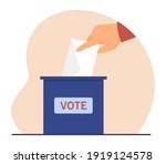 Hand of voter throwing paper into ballot box. Person voting president or political candidate. Flat vector illustration. Election, democracy concept for banner, website design or landing web page