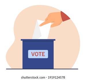 Hand of voter throwing paper into ballot box. Person voting president or political candidate. Flat vector illustration. Election, democracy concept for banner, website design or landing web page