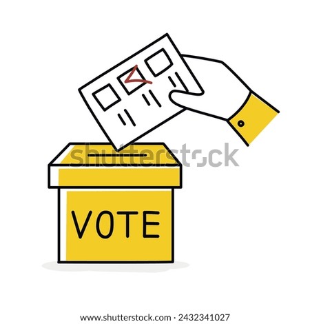 Hand of voter throwing paper into ballot box. Cartoon style. Vector illustration.