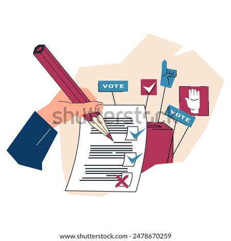Hand of a voter voting for a party candidate in an election. Theme of democratic elections and voting, flat vector illustration isolated on white background.