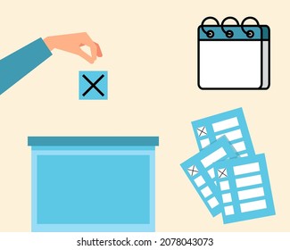 Hand with voting ballot box and blank calendar.  Election Vote concept. Cartoon vector style for your design.