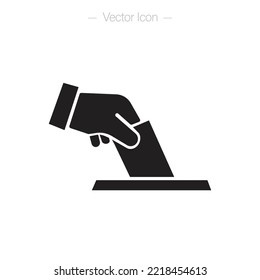 Hand voting ballot box icon. Hand putting paper in the ballot box. Isolated vector illustration.