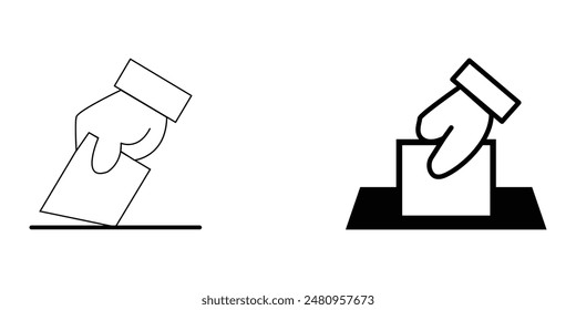 Hand voting ballot box icon, Election Vote concept, Simple line design for web site, logo, app, UI. Flat hand putting vote bulletin into ballot box icon. Vector illustration. Eps file 20.