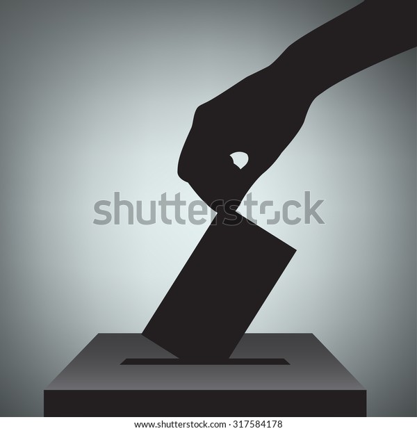 Hand with\
voting ballot and box. Vector\
Illustration
