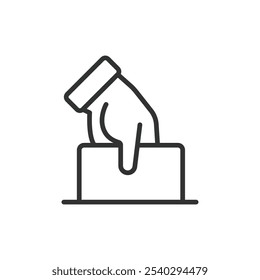 Boletín de votación a mano, icono en diseño de línea. Votación, boleta, mano, elección, participación, democracia, elección sobre fondo blanco Vector. Icono de trazo editable del boletín de votación manual