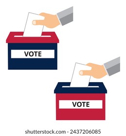 A hand voting with a piece of paper in a red and blue vote box