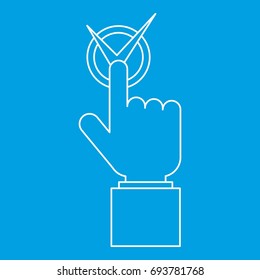 Hand with voting sign icon blue outline style isolated vector illustration. Thin line sign