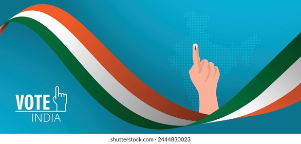 Hand mit Abstimmungszeichen auf gepunkteter Vektorgrafik Vote India Indian Flag Ribbon 