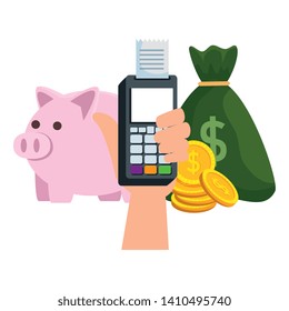hand with voucher machine and ecommerce icons