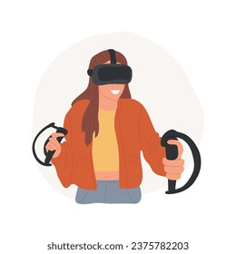 Controlador VR manual aislado ilustración vectorial de dibujos animados. Niña adolescente emocionada con gafas jugando video juegos, sosteniendo controlador vr, entretenimiento en casa, caricatura vectorial de audífonos de realidad aumentada.