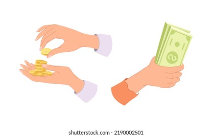 Hand With Wad Of Green Dollar Banknote And Coin Cash Vector Set