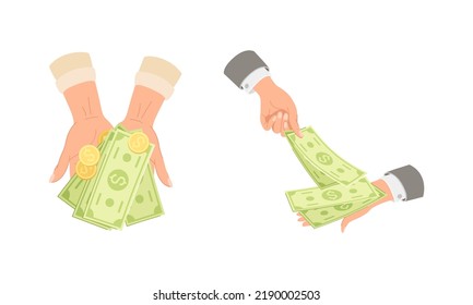 Hand With Wad Of Green Dollar Banknote And Coin Cash Vector Set