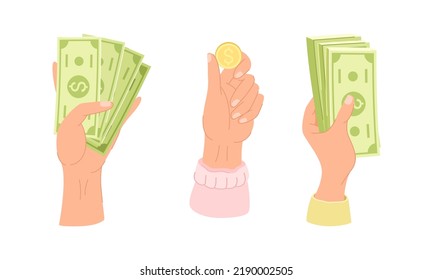 Hand With Wad Of Green Dollar Banknote And Coin Cash Vector Set