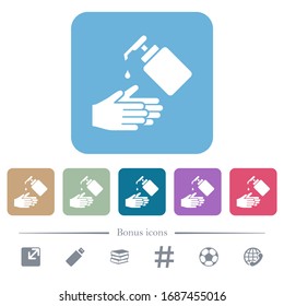 Hand wahing with liquid soap white flat icons on color rounded square backgrounds. 6 bonus icons included