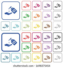 Hand wahing with hand sanitizer color flat icons in rounded square frames. Thin and thick versions included.