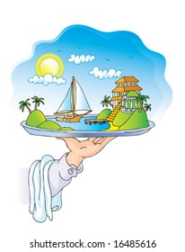 The hand of the waiter bears a dish with a sea bay (vector)