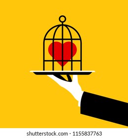 Hand of waiter with cage. Red heart in cage. Vector illustration.