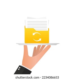 Hand of waiter holding documents on white isolated background. Vector illustration
