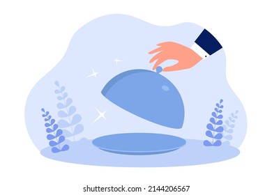 Hand Of Waiter Holding Lid From Empty Tray Platter. Male Restaurant Worker Or Butler Serving Gourmet Food For Breakfast, Lunch Or Dinner Flat Vector Illustration. Luxury Service, Menu Concept