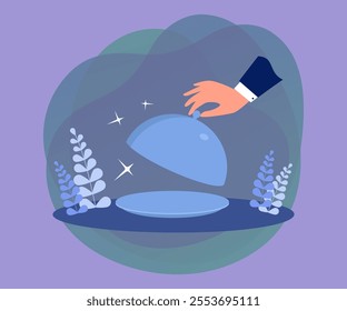 Hand of waiter holding lid from empty tray platter. Male restaurant worker or butler serving gourmet food for breakfast, lunch or dinner flat vector illustration. Luxury service, menu concept