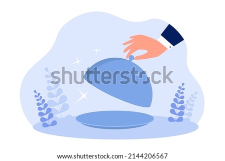 Hand of waiter holding lid from empty tray platter. Male restaurant worker or butler serving gourmet food for breakfast, lunch or dinner flat vector illustration. Luxury service, menu concept